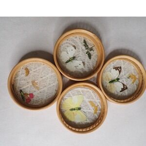Vintage Bamboo Butterfly and Floral Coasters Set of 4 Natural Boho Decor Retro